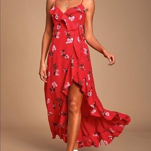 Rosana Red Floral Print Ruffled Wrap Maxi Dress